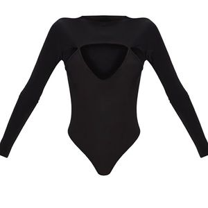 Black Slinky Cut Out Long Sleeve Thong Bodysuit